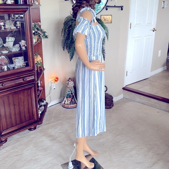 Ocean Drive Jumpsuit 100% Rayon Blue & White Striped Bow Ties Open Shoulder - Picture 8 of 15